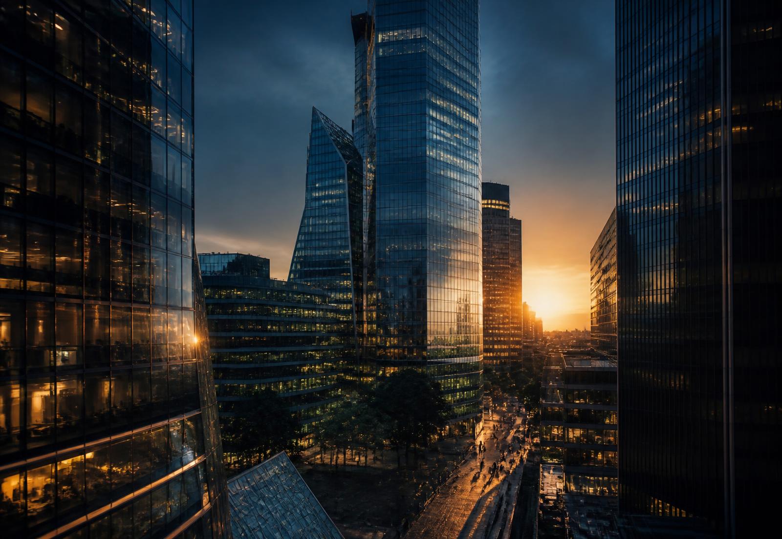 Financial district towers at dusk